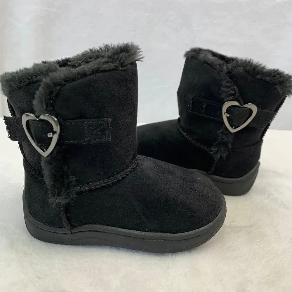 Garanimals Girls Black Faux Suede Fur Lined Mid Calf Boots Toddler Sz 4 Heart